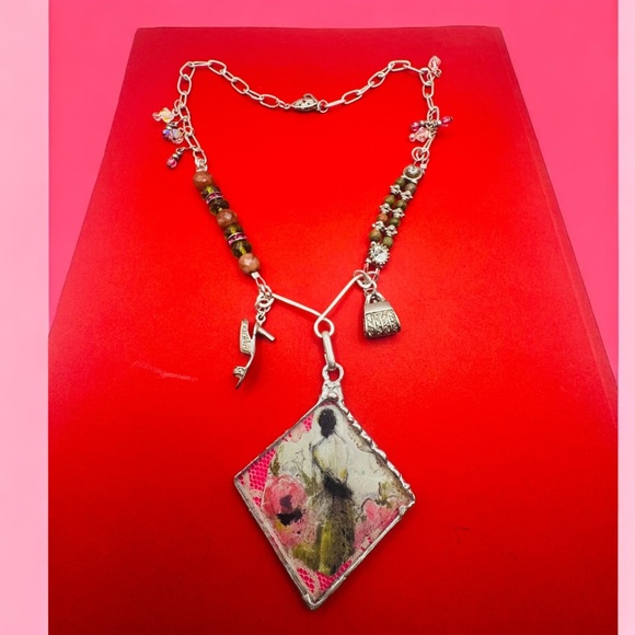 Tiny Art Canvas Silver & Glass Pendant w/ Unakite & Pink Jasper Artisan Necklace - Picture 6 of 17